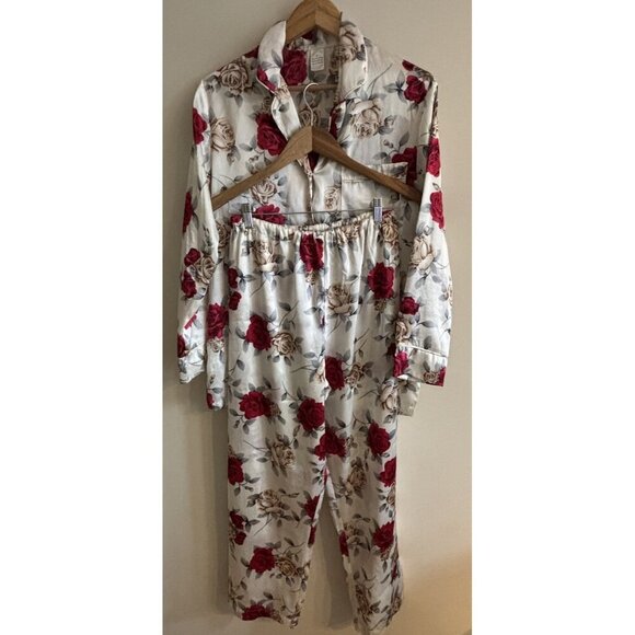 90s Vintage Cream and Red Roses Floral Preloved Silky Pajama Set Pants Small - Picture 1 of 13